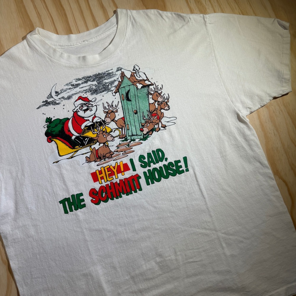 Vintage Men's Schmitt House Santa Claus Funny Christmas T-Shirt White XL